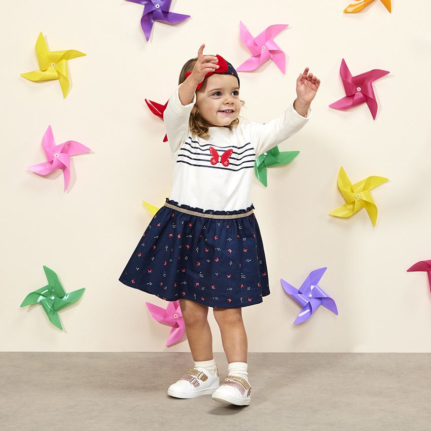Robe manches longues effet 2 en 1 motifs papillons pour bébé fille - Ecru