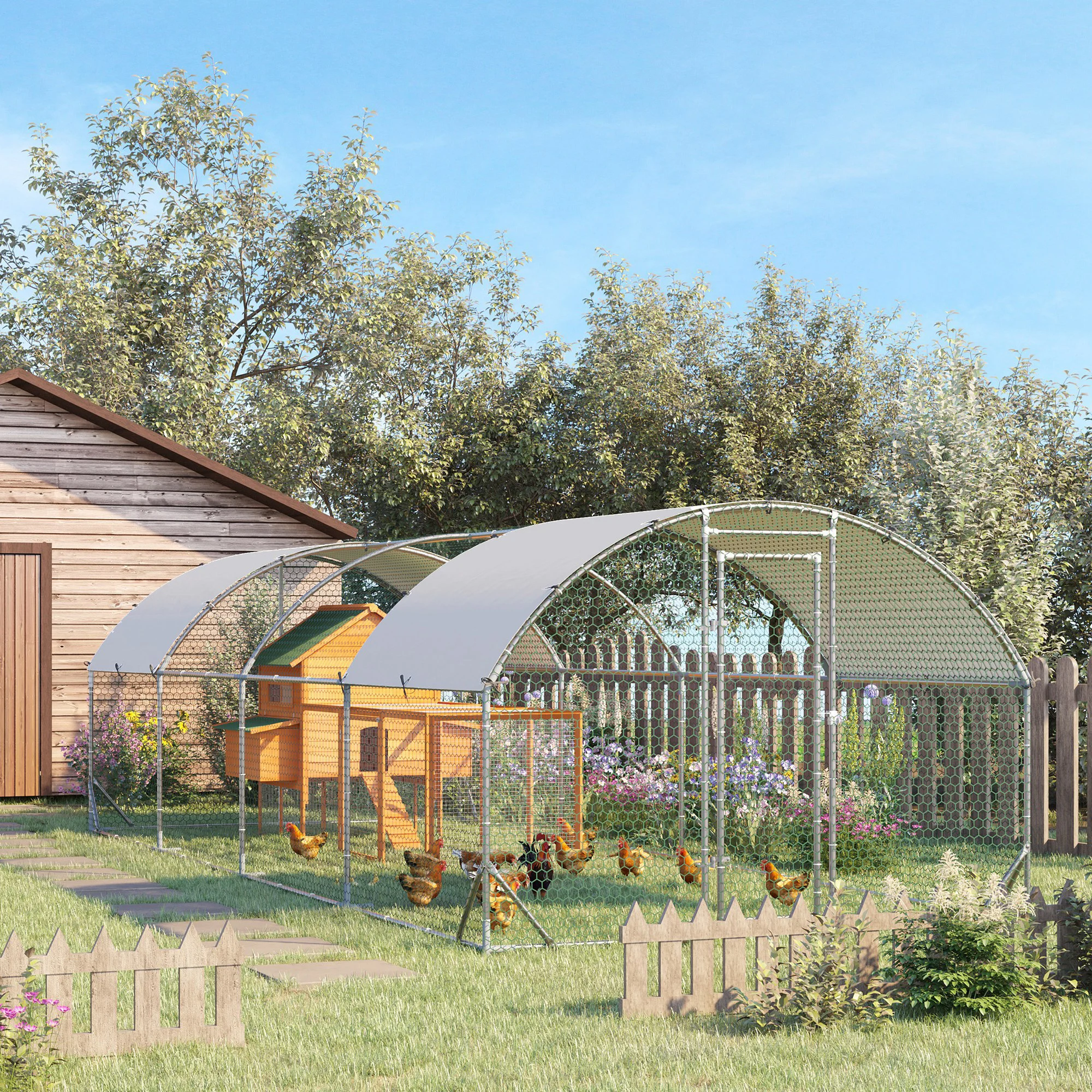 Gaiola grande para aves PawHut, em aço galvanizado, para uso externo, 280x760x197 cm, com cobertura impermeável e resistente aos raios UV em tecido Oxford, cor prata.