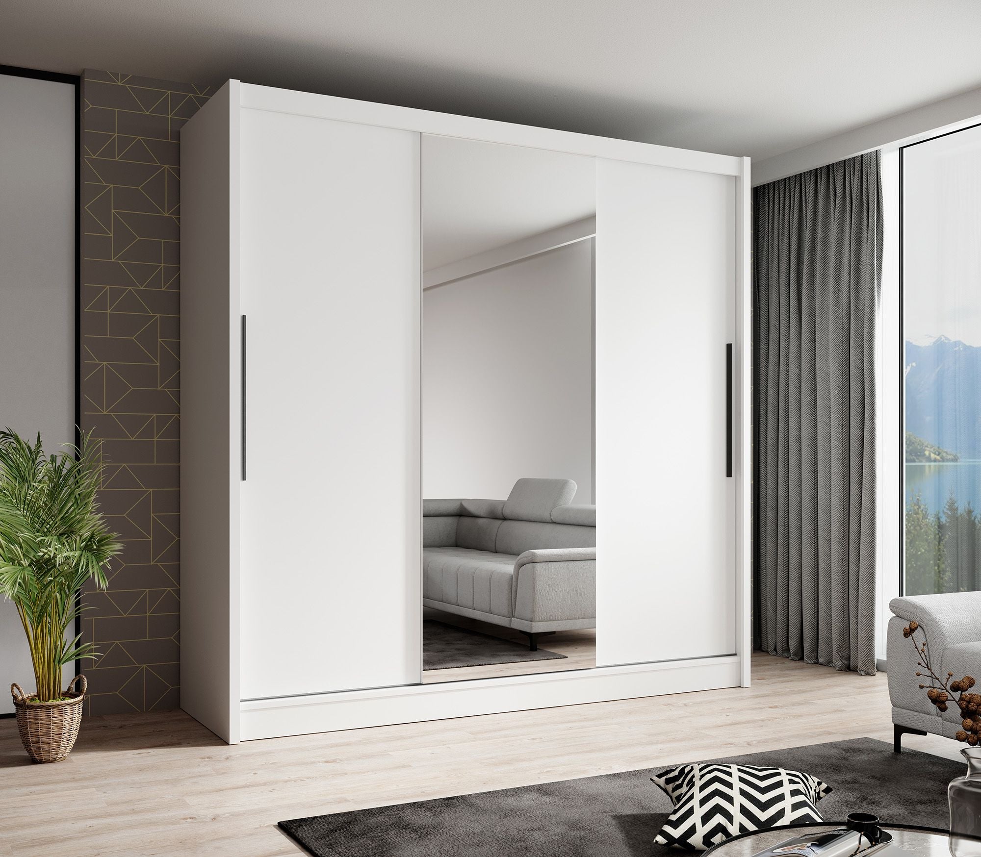 Meubella - Kledingkast Alcamo - Wit - 205 cm - Met spiegel