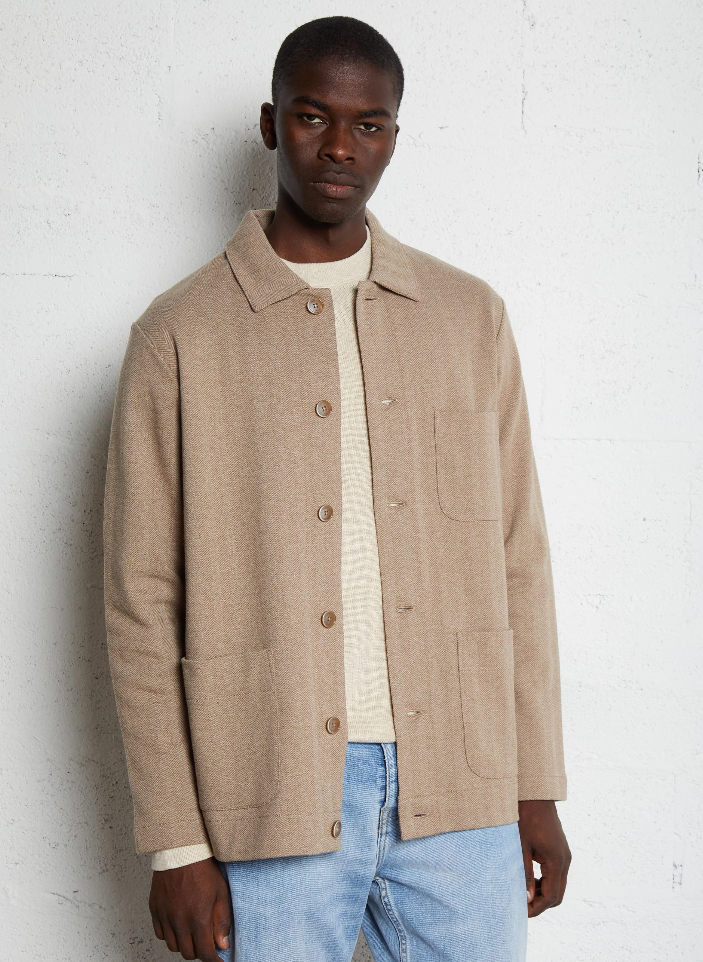 Veste droite col classique en coton | Beige