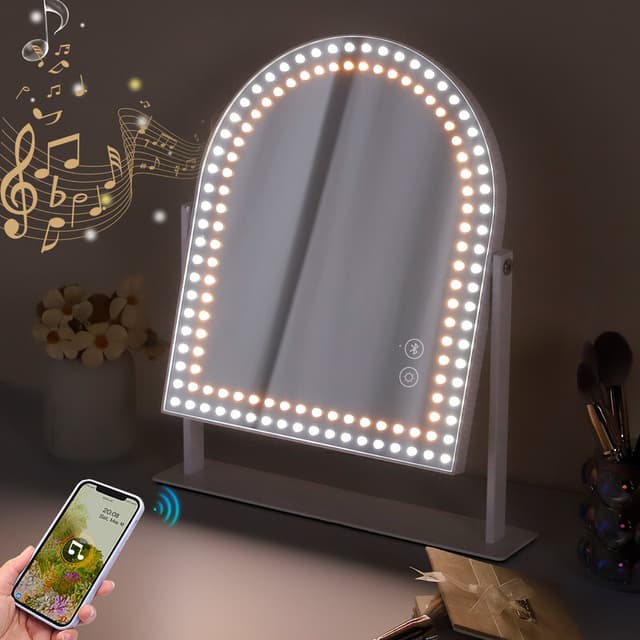 VANITII Buet Sminkespejl med Lys Bluetooth Metal Bordtop Hvid 25x30 cm
