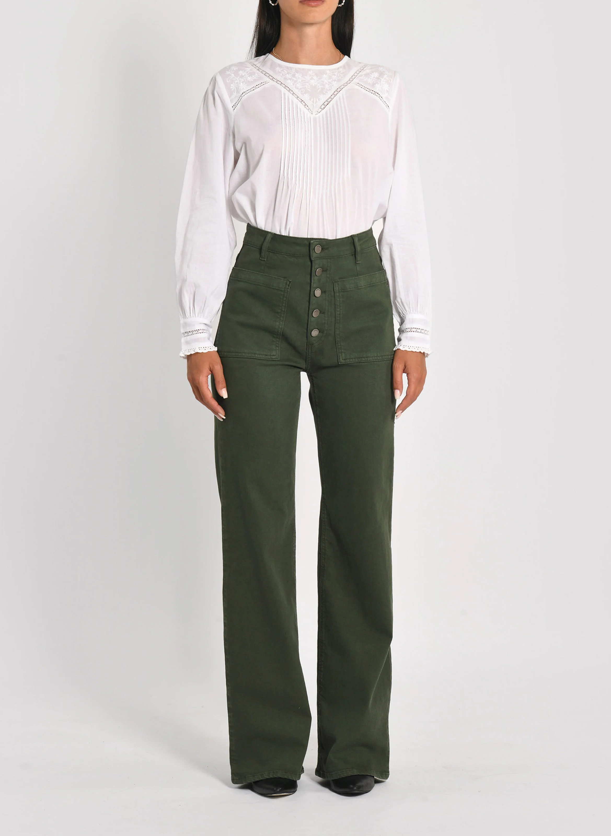 THADEE - Pantalon flare à fermeture boutonnée en coton mélangé | Kaki