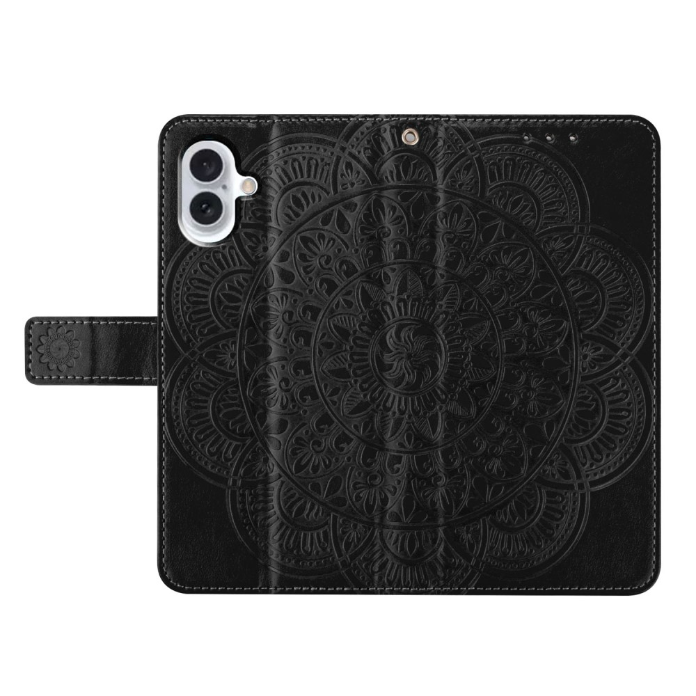 iPhone 16 Leder Tasche Wallet - Mandala Flowers Imprint - Schwarz
