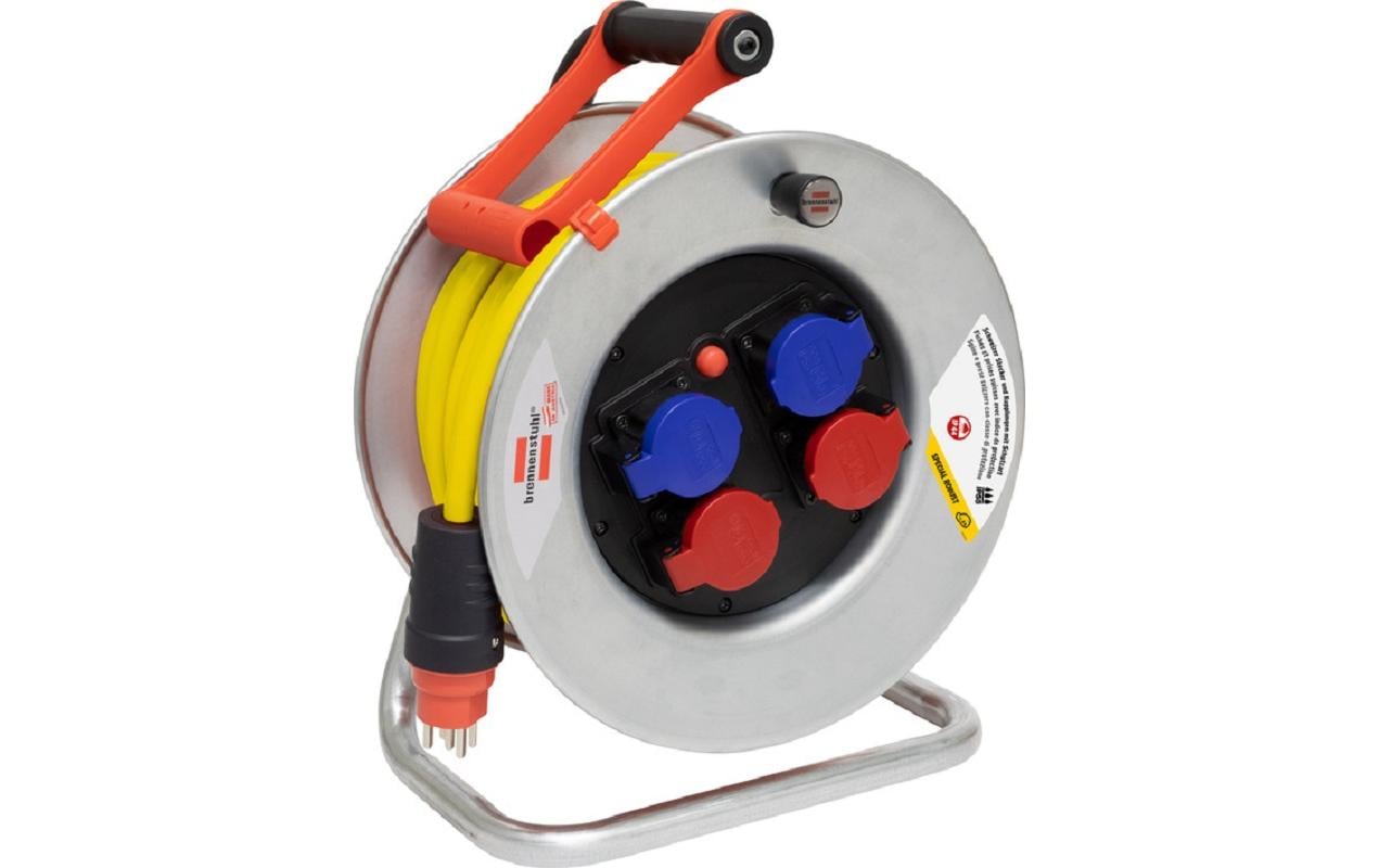 Baustellen-Kabelrolle BAT SK 320 25 m 2x T25/23<br>BAT Kabeltrommel SK 320, 2x T25/23 Steckdosen, 25 m langes Kabel, verzinkt mit Überhitzungsschutz und Kontroll-Leuchte