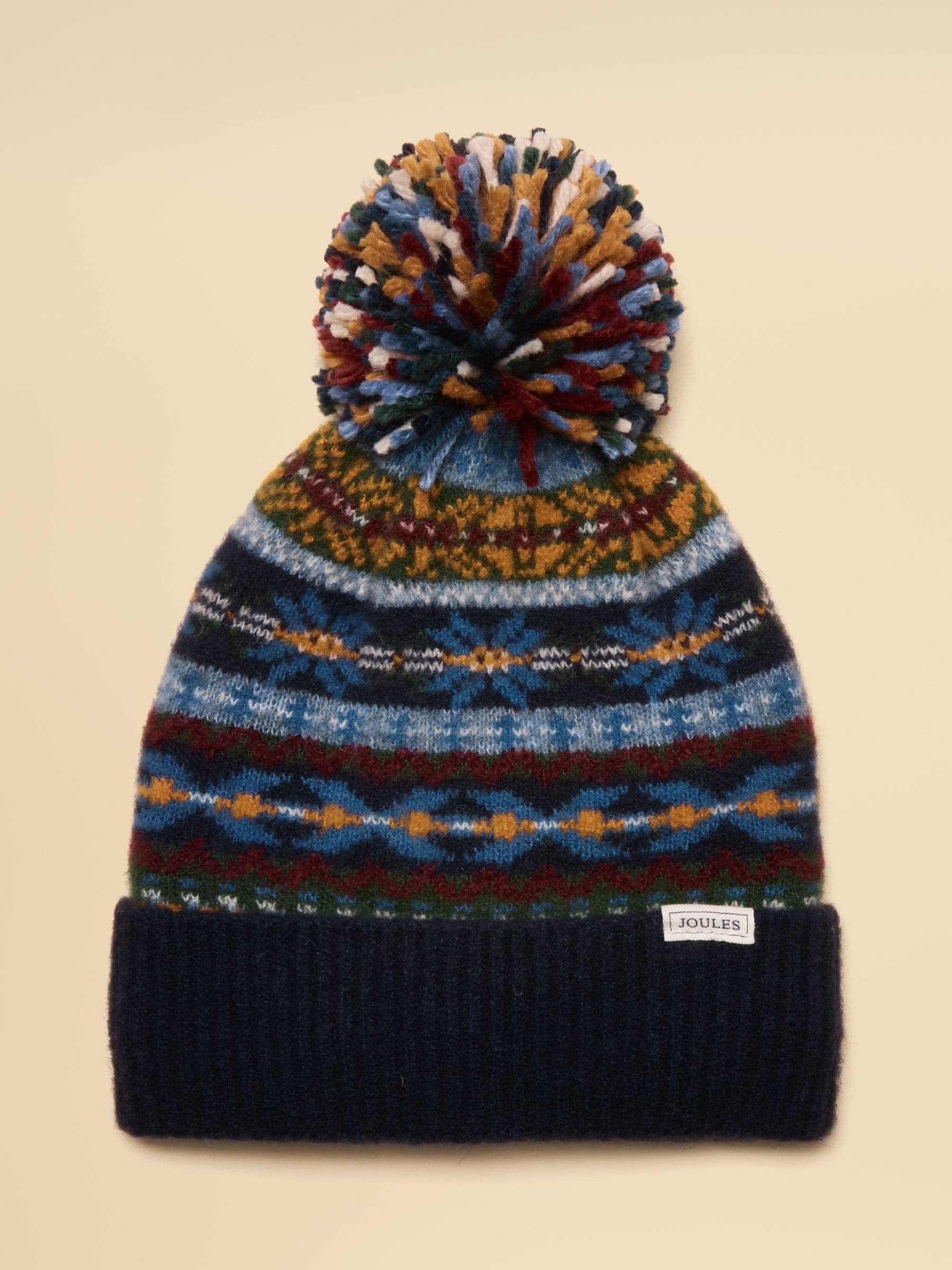 Marineblauw met multiprint - Joules Riley Cosy Lined Fair Isle Bobble Hat