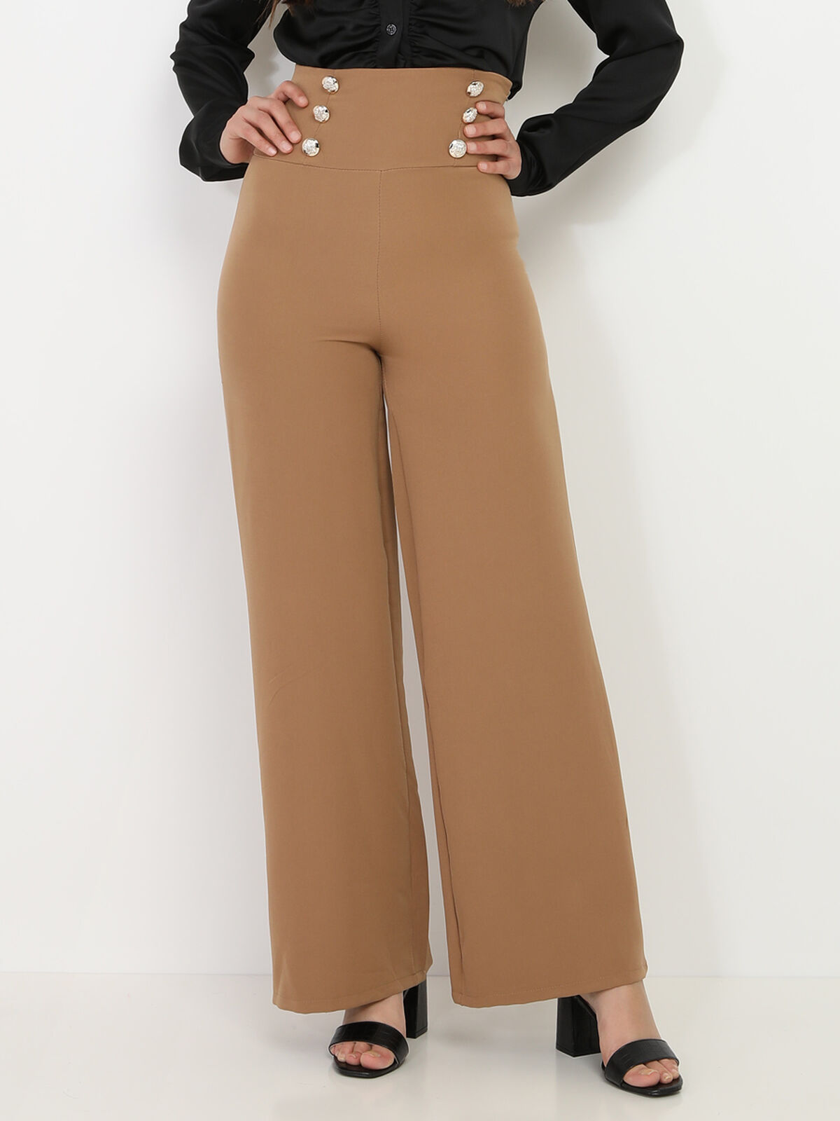 Pantalon palazzo à boutons- Camel