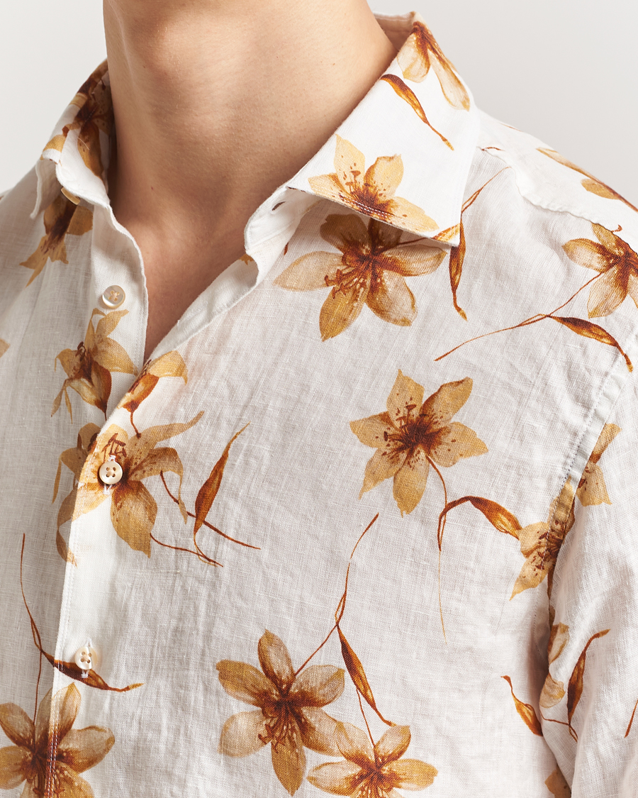 Stenströms Fitted Body Flower Printed Linen Shirt White