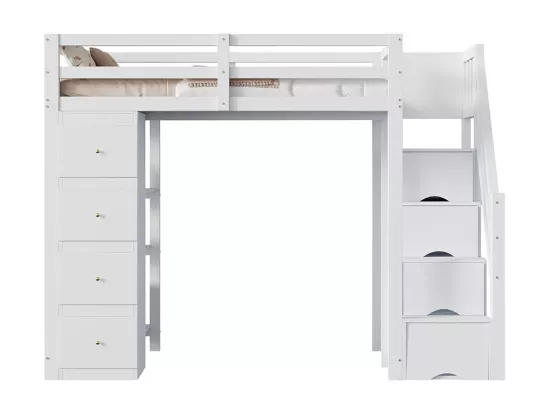 Lit mezzanine enfant 90x200 avec tiroir Commode avec étagères  échelle à grimper de sécurité avec tiroirs de rangement Blanc
