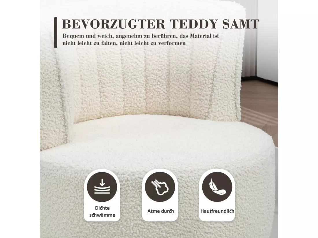 Fauteuil pivotant ronde en tissu bouclette blanc - dossier ergonomique - max 150kg - 62.5x62.5x69.5cm