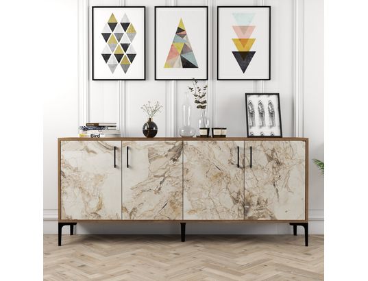 CONCEPT1 - Bahut Kiev noyer marbre blanc 180 x 35 x 78cm