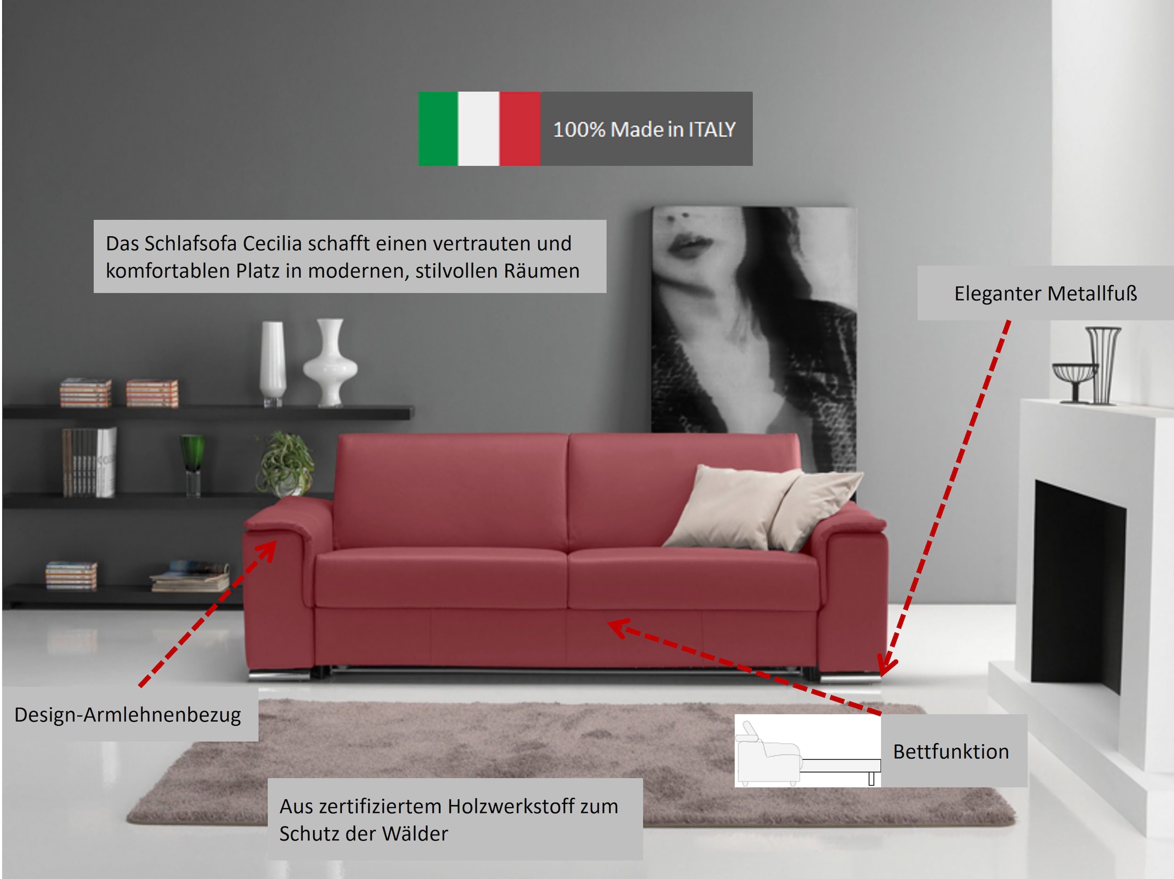 Egoitaliano Schlafsofa »Cecilia, modern & elegant, erstklassiger Sitzkomfort, Dauerschläfer« inkl. Matratze und hochwertigem Metallbettrahmen, toller Schlafkomfort