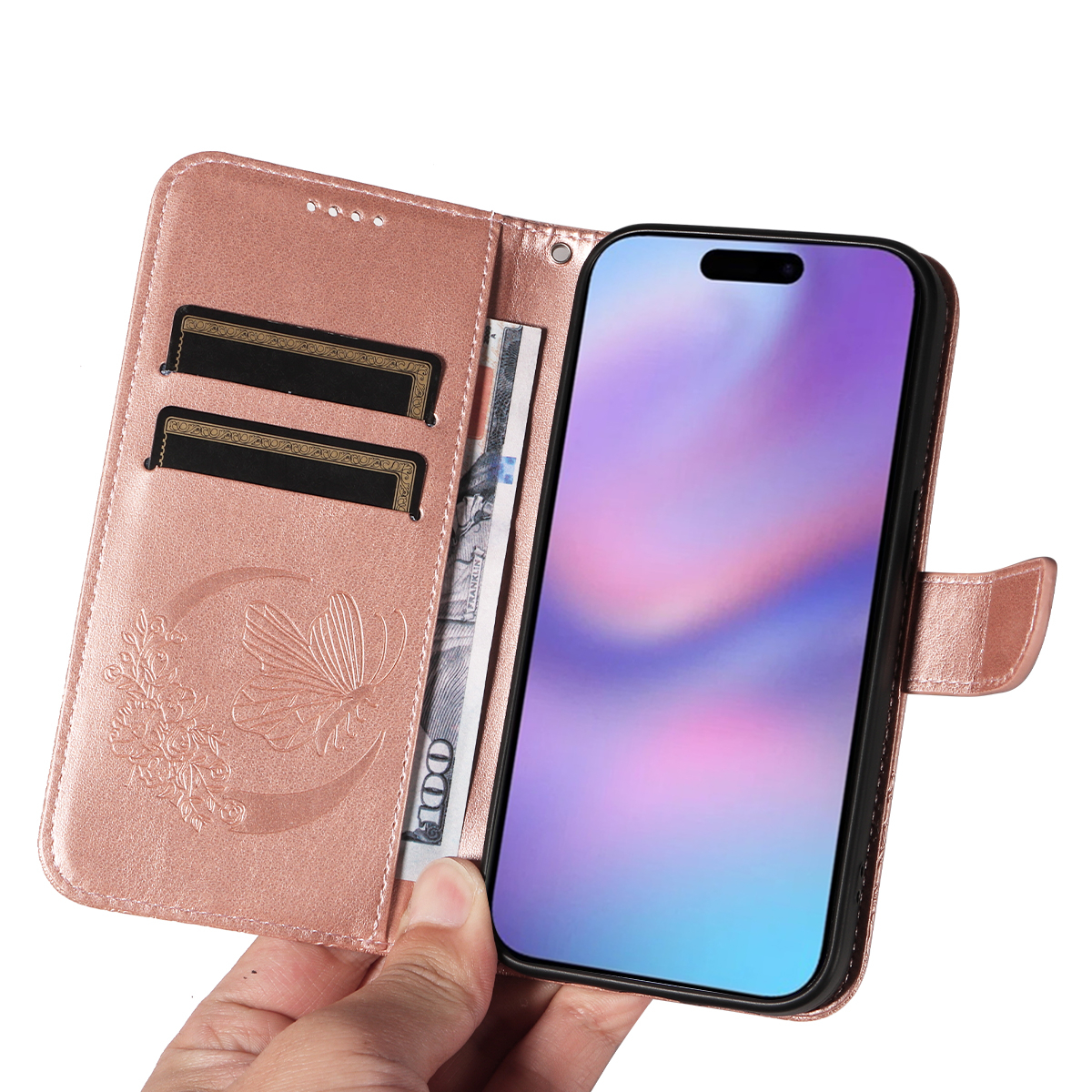 iPhone 17 Leder Tasche Flip Cover Schmetterlinge Imprint - Roségold