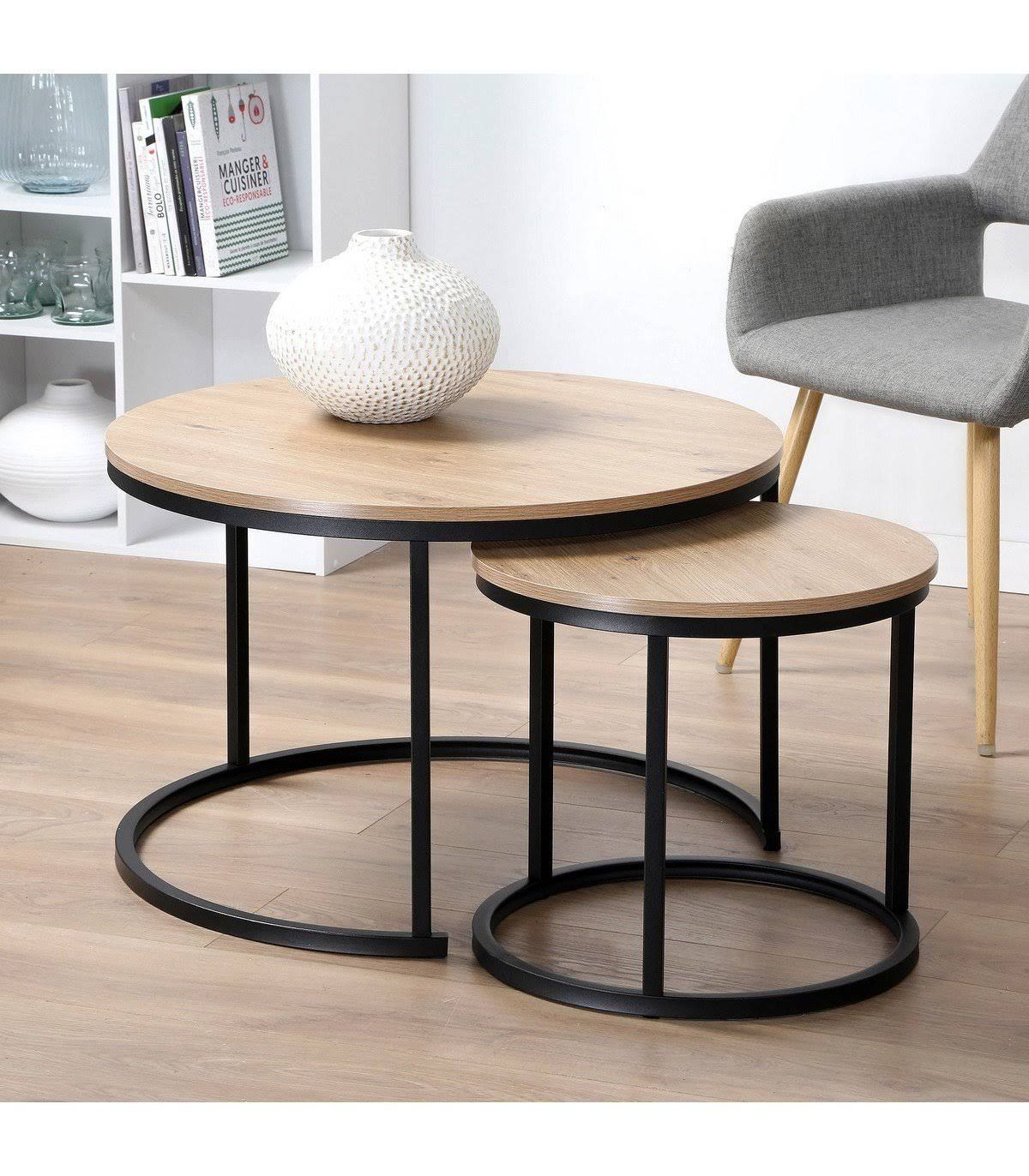 CALICOSY Set aus 2 stapelbaren Runden Beistelltischen - L70 cm - Braun