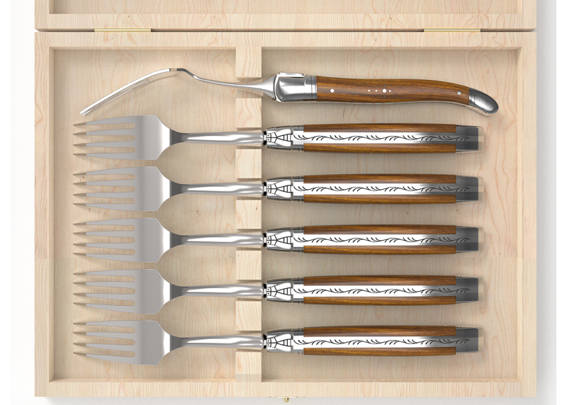 Service de 6 fourchettes Laguiole avec un manche en bois de gaïac et mitres en acier inoxydable