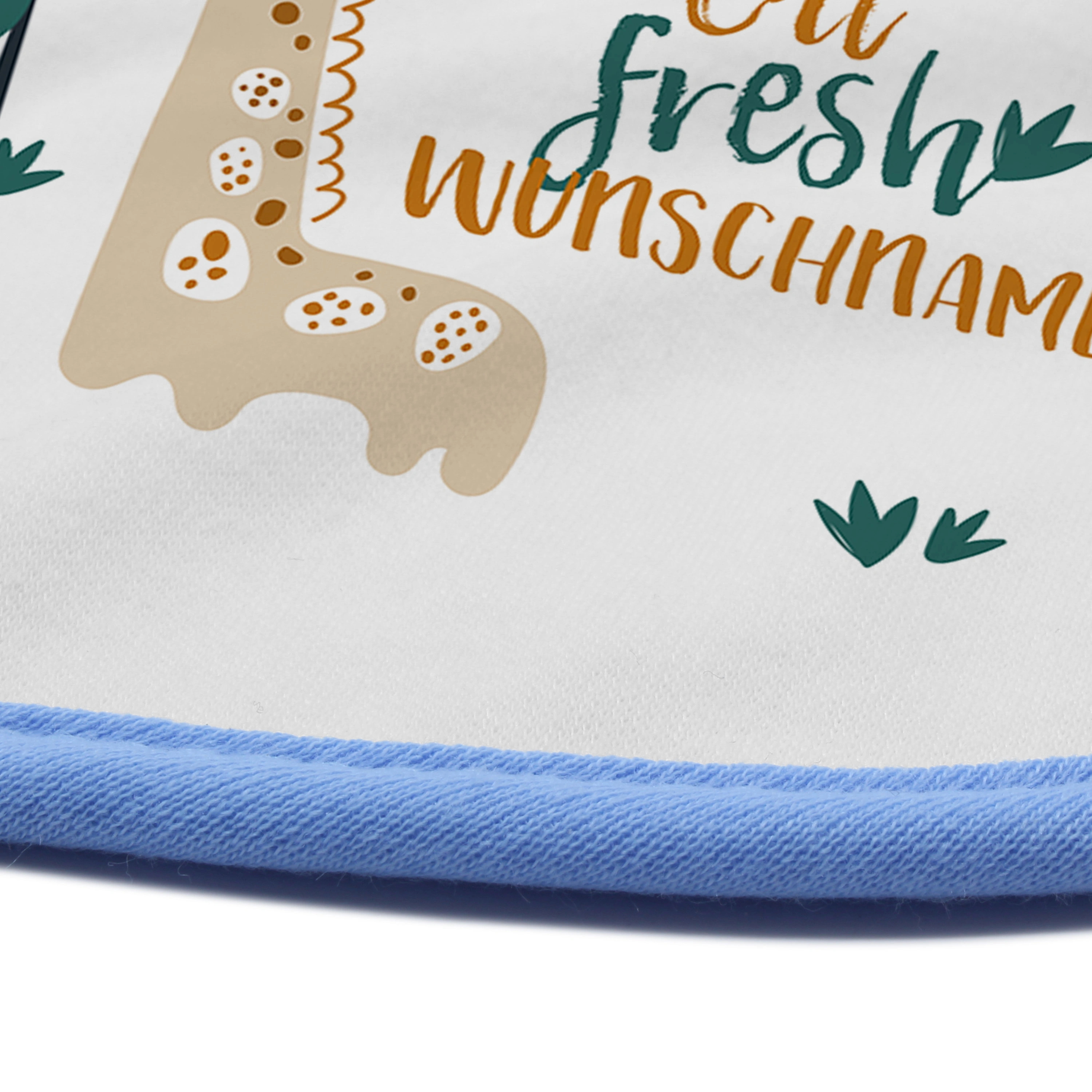Baby-Lätzchen mit Namen, blau (Motiv: Giraffe)