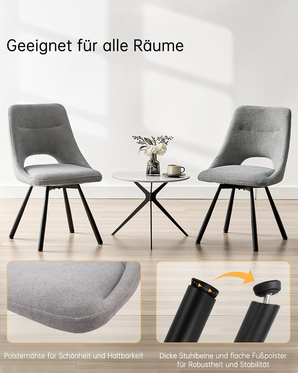 LEWE Esszimmerstühle drehbar 4er Set, Automatisch zurückkehrender Sitz, 180° Drehstuhl, Ergonomischer Polsterstuhl, armlos, Esszimmer Wohnzimmer Schlafzimmer, Kaschmir-Stoff - Grau