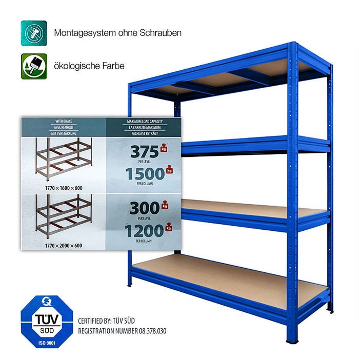 Breedspanstelling - Blauw - Stelling voor kelder en werkplaats - Draagvermogen tot 1600 kg - 160 x 150 x 80 cm