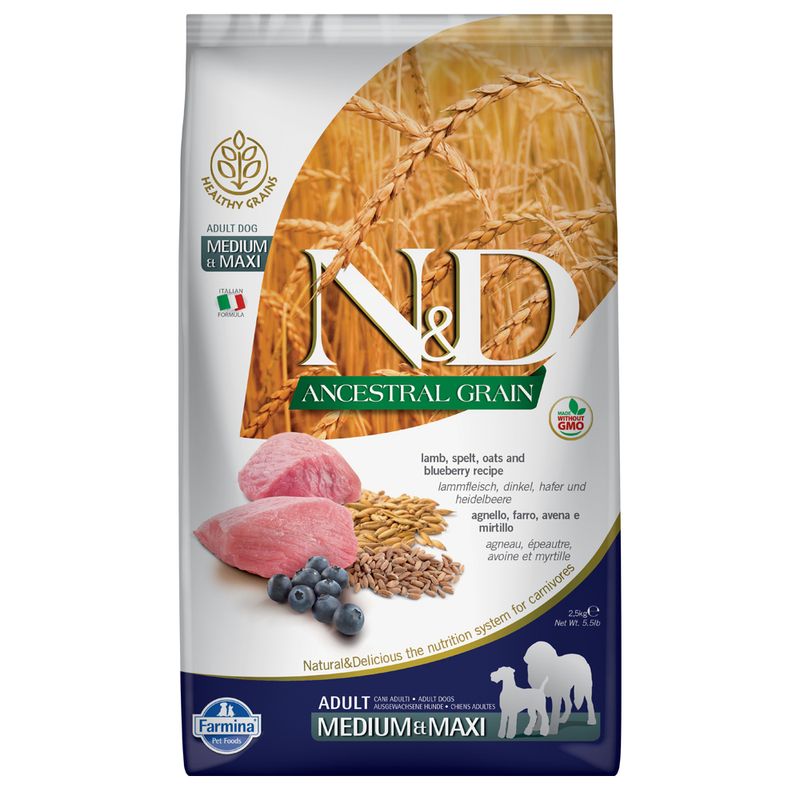 Farmina N&D Ancestral Grain Adult Medium & Maxi agneau, myrtilles
