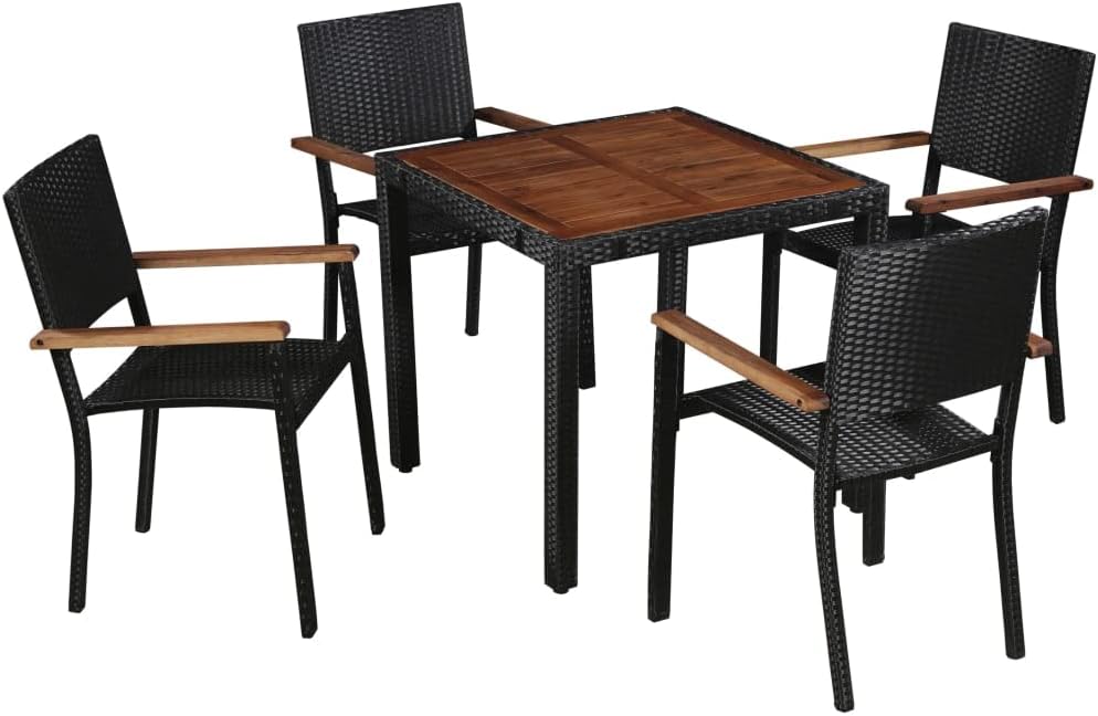 vidaXL Terrasse Essgruppe 5-teilig, Esstisch Set mit Holz Tischplatte Outdoor Möbel Set für Garten Balkon Poly Rattan und Akazienholz Schwarz