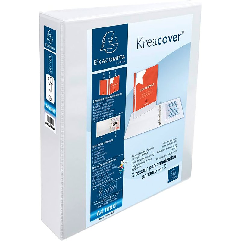 Classeur 2 anneaux plastifié Exacompta KREACOVER® personnalisable A4+ - Dos 6,4 cm blanc