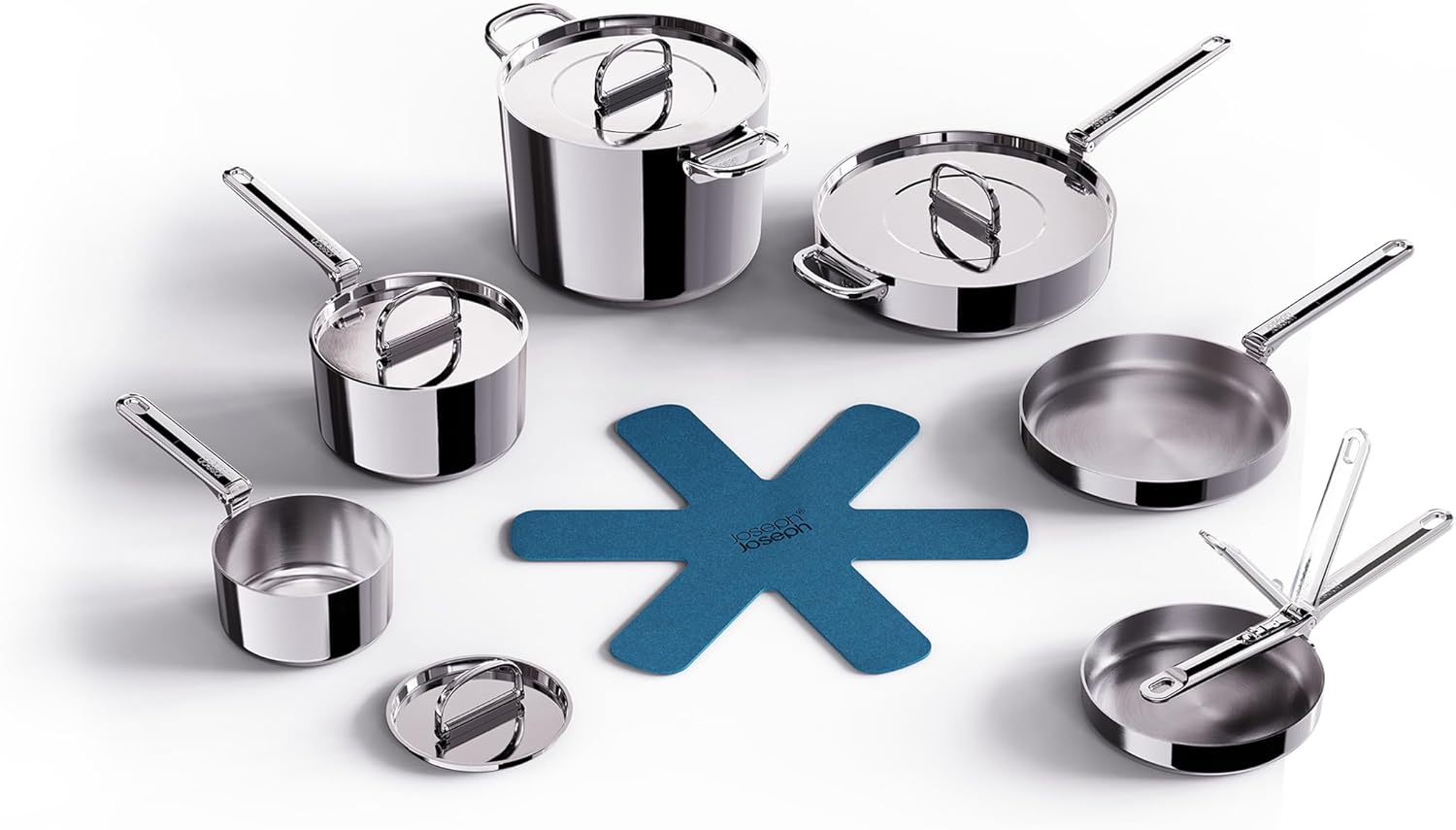 Joseph Joseph Space Steel 6-teiliges Edelstahl-Kochgeschirr-Set mit klappbaren Griffen
