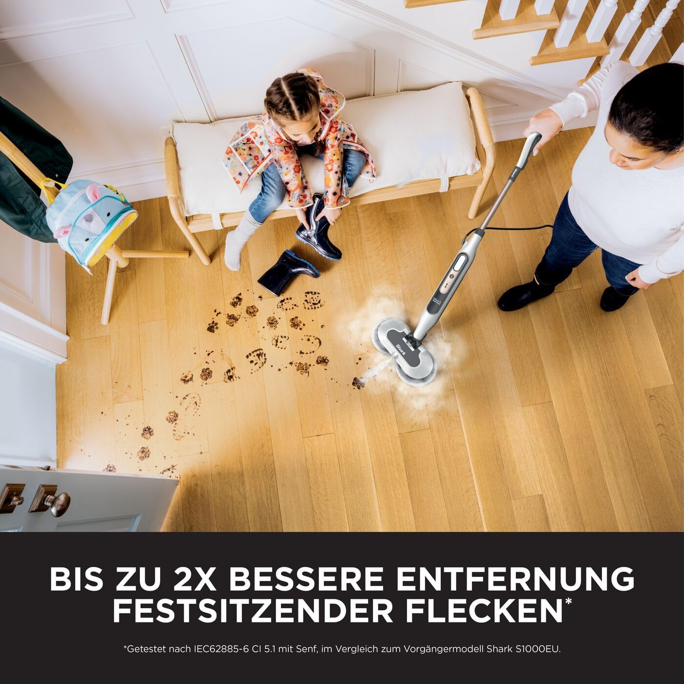Shark Dampfreiniger, automatischer Dampfbesen mit Steam Blaster, 2 rotierende Power Pads, 3 Dampfstufen, desinfiziert, entfernt Flecken und Schmutz, für versiegelte Hartböden, weiß und grau S8201EU