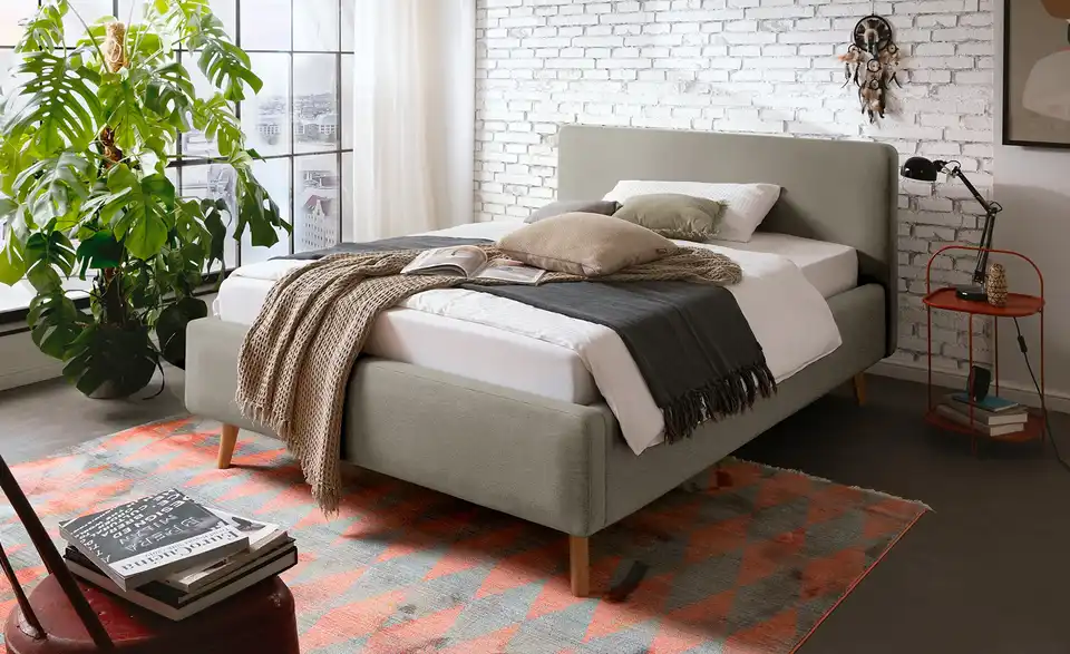 Polsterbettgestell Mattis Taupe Webstoff fein 140 cm mit Bettkasten
