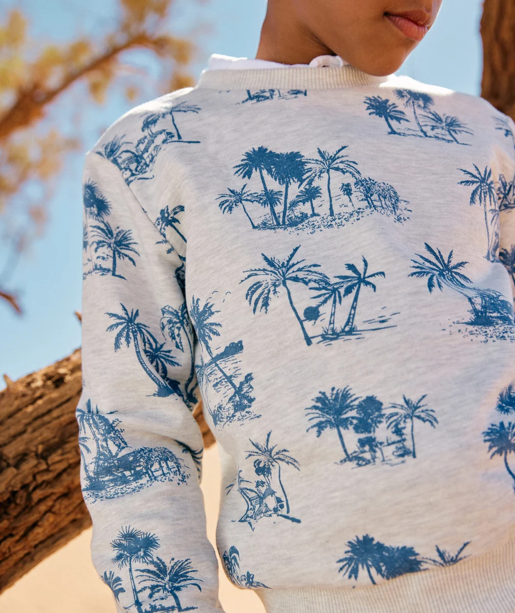 SWEAT GARÇON EN COTON BIO ÉCRU CHINÉ IMPRIMÉ PALMIERS