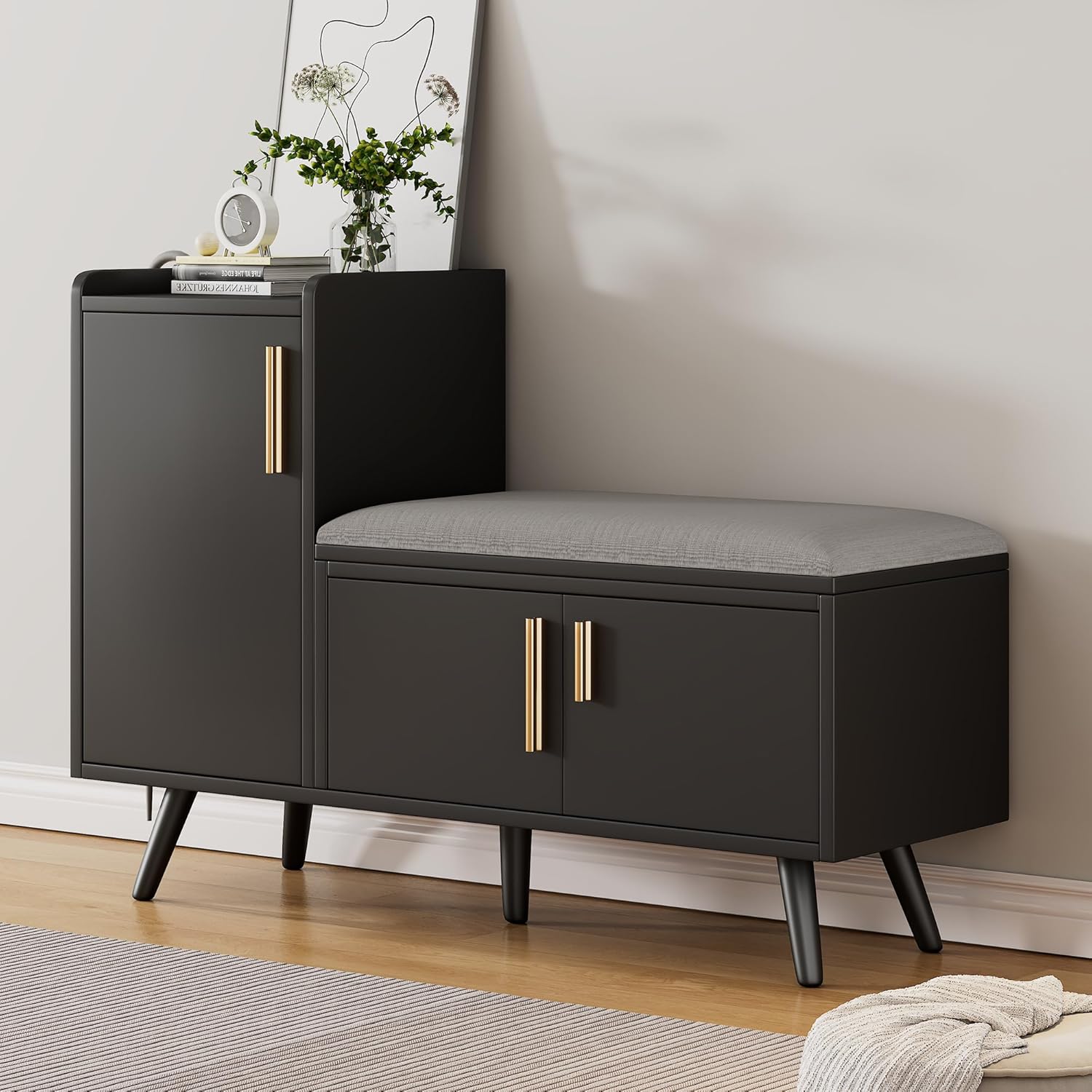 Merax Schuhschrank mit Sitzbank, Schuhbank mit Sitzfläche, 3 Stauraumtüren, asymmetrische Metallgriffen, Schwarz, B100/T34/H69 cm