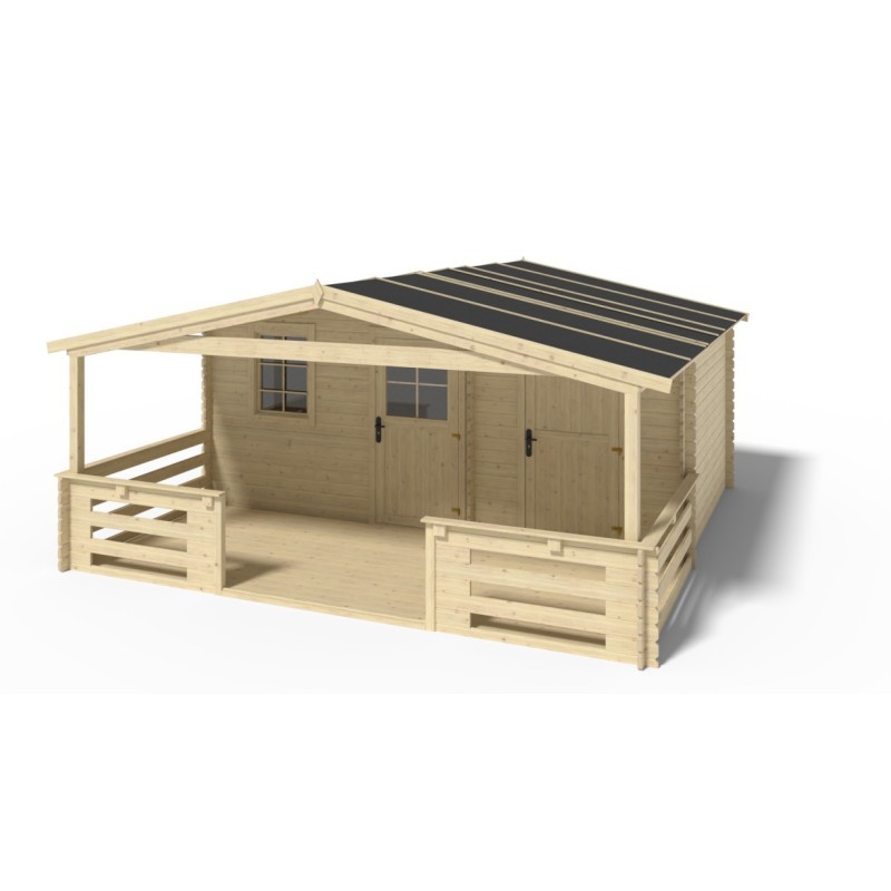 Abri de jardin en bois - 5x3 m - 35 m2 + terrasse avec balustrade et avant-toit en bois