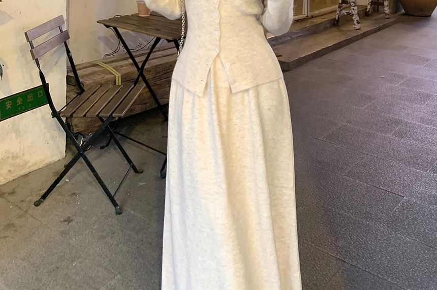 Trendycas - Hoge taille effen maxi A-lijn rok / V-hals vest met kanten rand