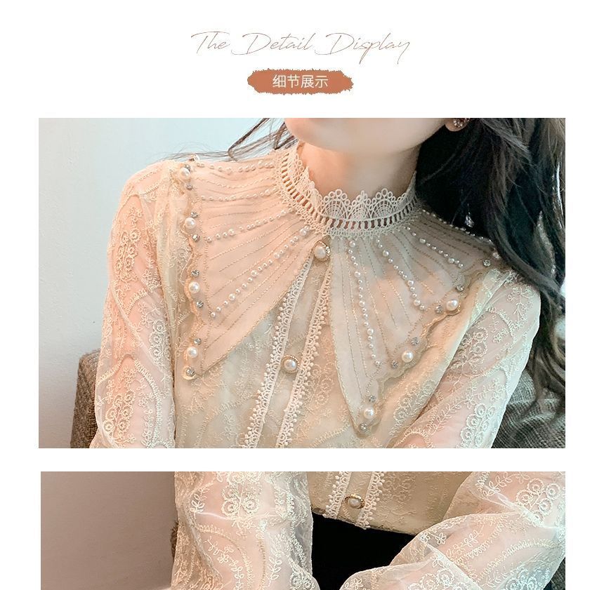 Isaaca - Blouse met lange mouwen en col, imitatieparels en kanten afwerking van chiffon