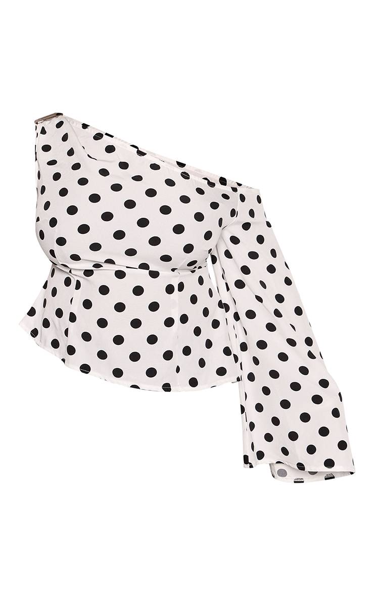 Blanc Haut Grande Taille À Pois À Une Épaule Avec Détail De Finition Et Manches Évasées