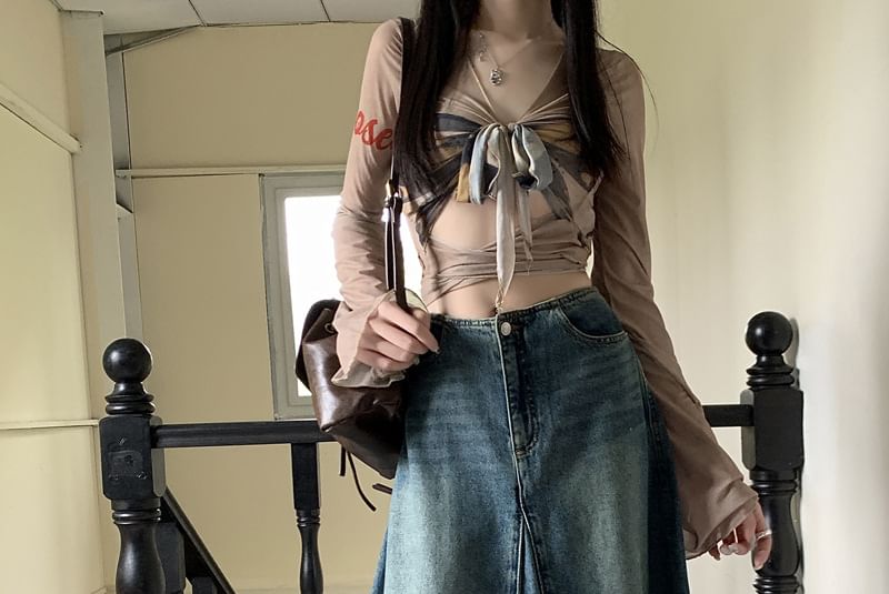 Auboi - Hoge taille gewassen maxi A-lijn denim rok