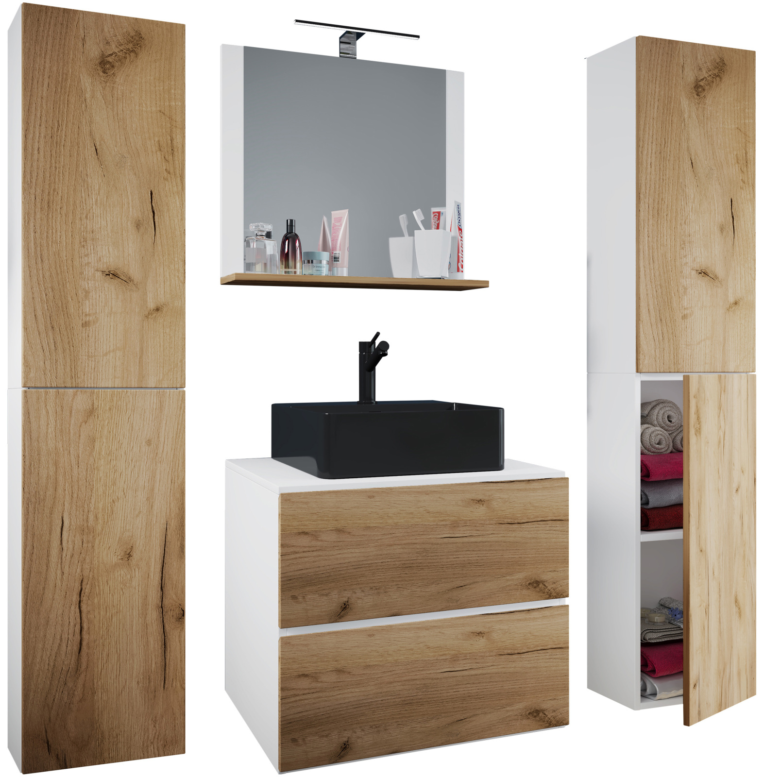 5-teiliges Badmöbel-Set LENDAS BL XL - Honig Eiche - weiß - 60 cm