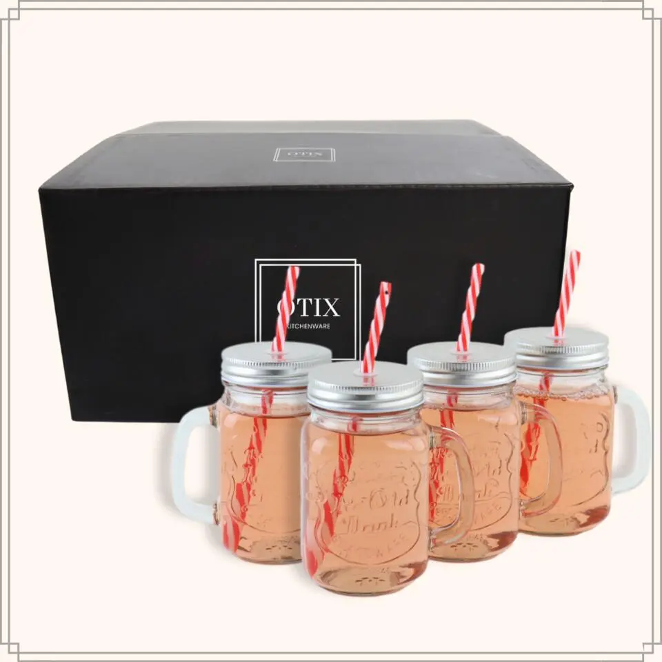 OTIX Mason jar Drinkbeker met Rietje Set van 4 Zilvere dop 450 ml