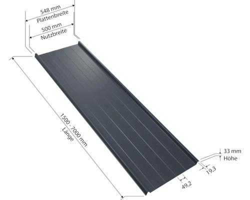 PRECIT trapeziumvormige dakbaan met anticondensvlies W33LV antracietgrijs RAL 7016 vaste breedte 548 mm x dikte 0,5 mm (verkocht per meter van 150 tot max. 700 cm)