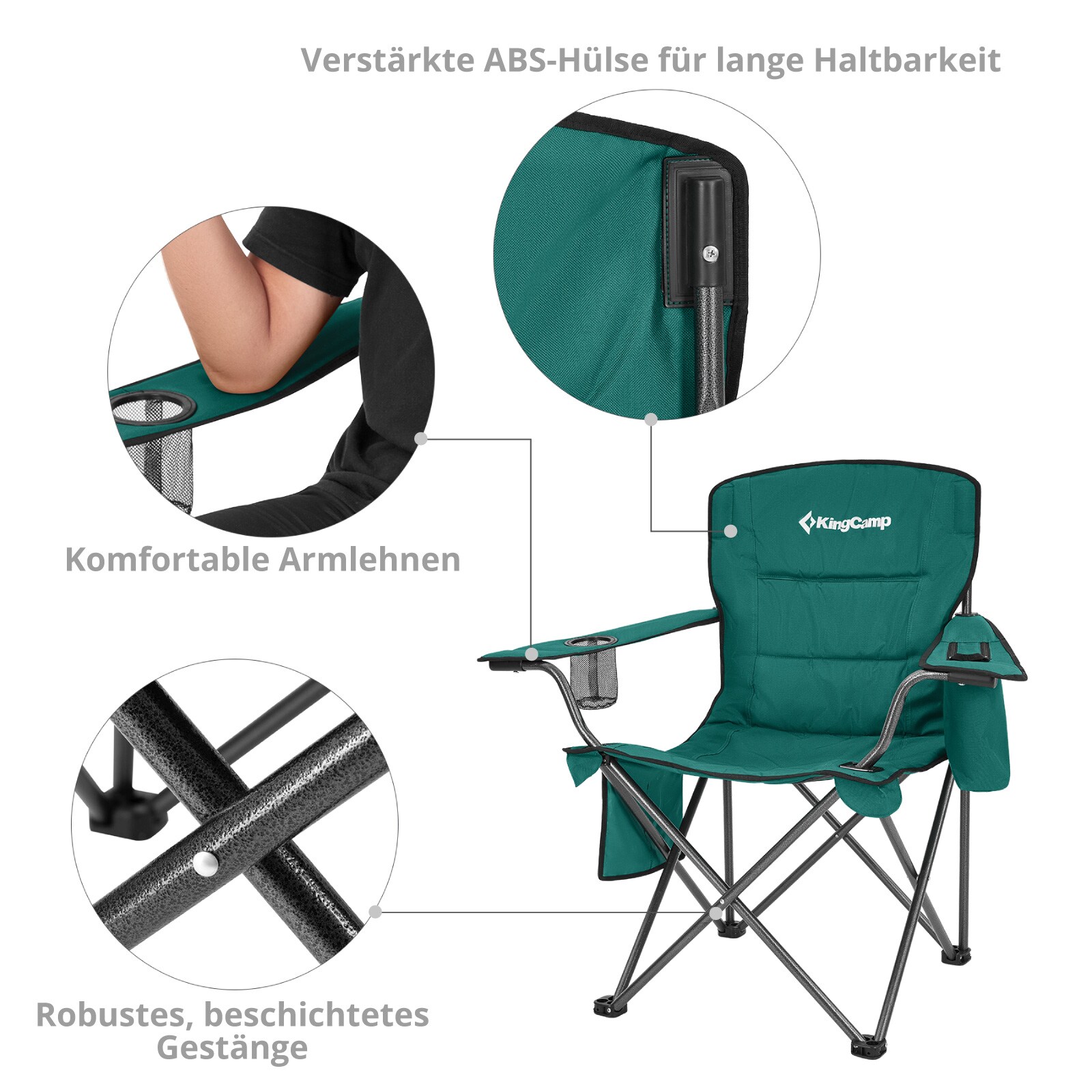 KINGCAMP Campingstuhl Oakdale Faltstuhl XL Strand Klappstuhl Kühltasche 136 kg Farbe: Petrol Green