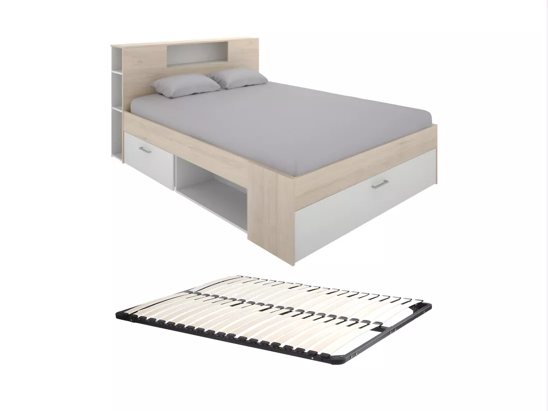 Lit avec tête de lit rangements et tiroirs - 160 x 200 cm - Coloris : Naturel et blanc + Sommier - LEANDRE