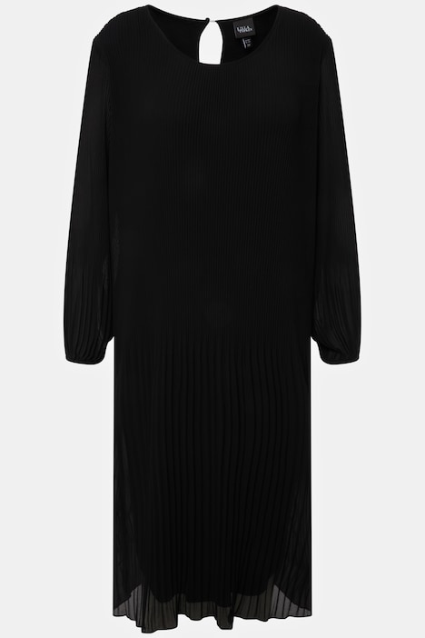 Plissee-Midikleid, A-Linie, Rundhals, Langarm