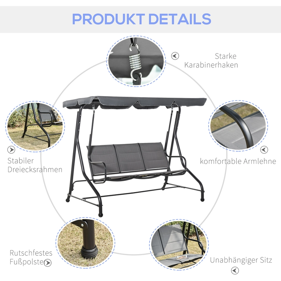 Outsunny 3-Sitzer Hollywoodschaukel mit verstellbarem Dach Grau