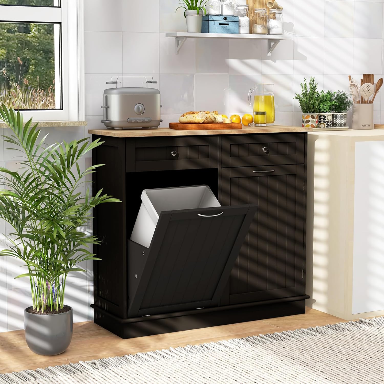 COSTWAY Kommode für Mülleimer 42L, Küchenschrank mit großer Arbeitplatte & 2 Schubladen & verstellbarem Regal, Mülleimerschrank mit Mülleimerhalter, Schrank für Küche ohne Mülleimer (Braun)