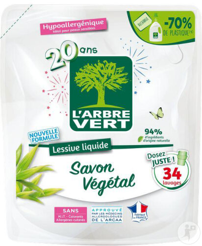 L'Arbre Vert Lessive Liquide Hypoallergénique Au Savon Végétal Recharge 34 Lavages 1,53l