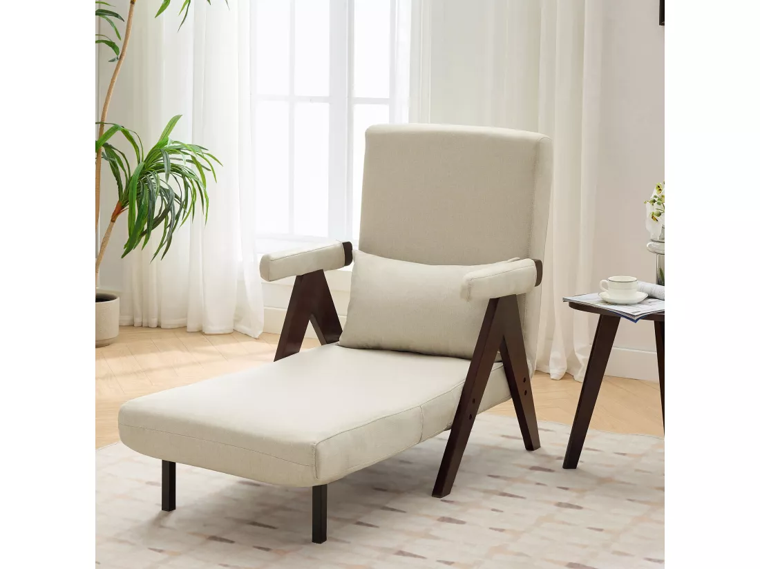 Fauteuil convertible 3 en 1, Canapé-lit pliant - 64 x 68.5 x 93 cm - Tissu en lin - avec fonction couchage Beige + noyer