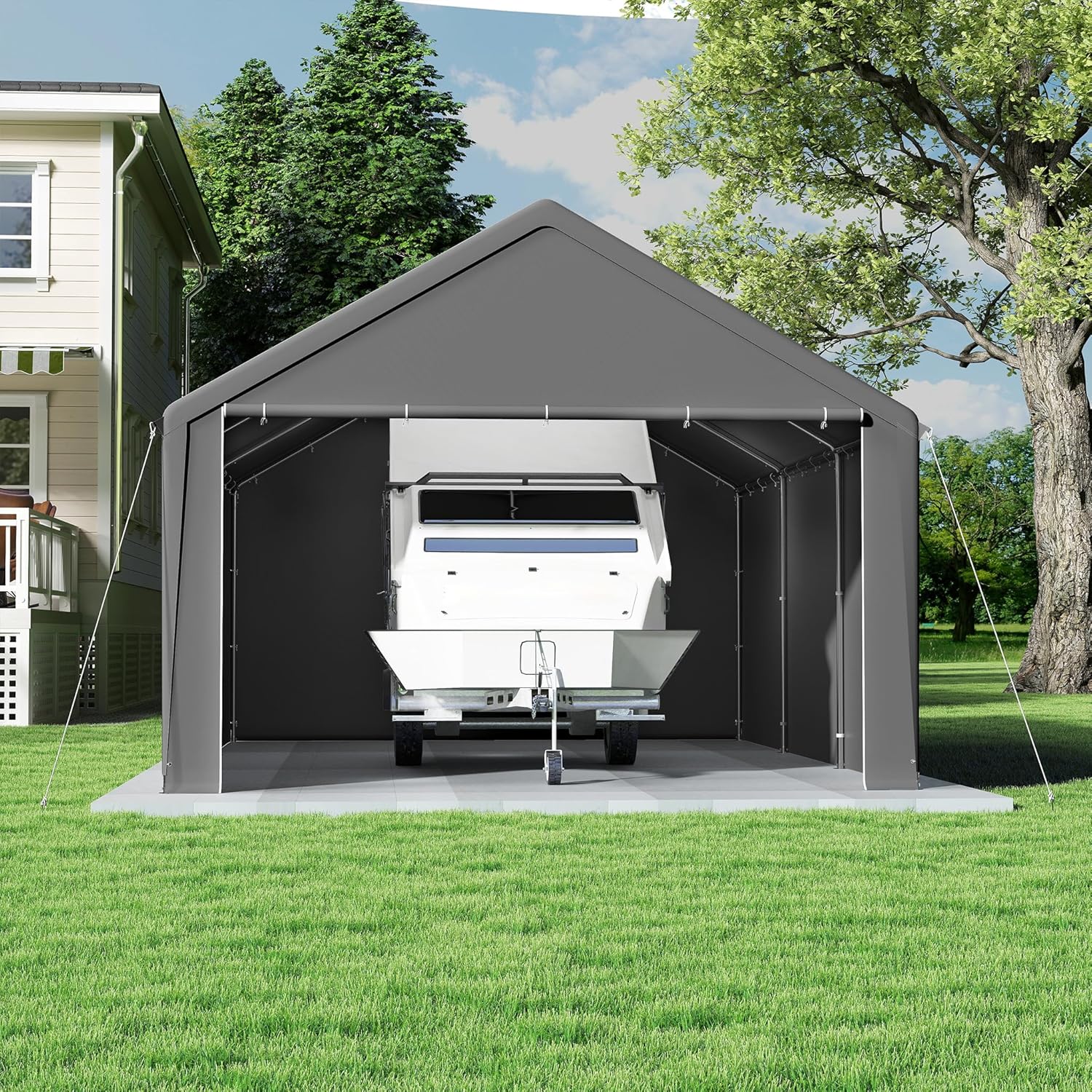 Aufun Carport Zeltgarage 4x6m, Wasserdichtes Lagerzelt mit PE-Dach, Reißenresistenter Garagenzelt mit abnehmbaren Seitenwänden, UV-beständig Winterfest Unterstand für Auto, SUV, LKW, Boot, Grau