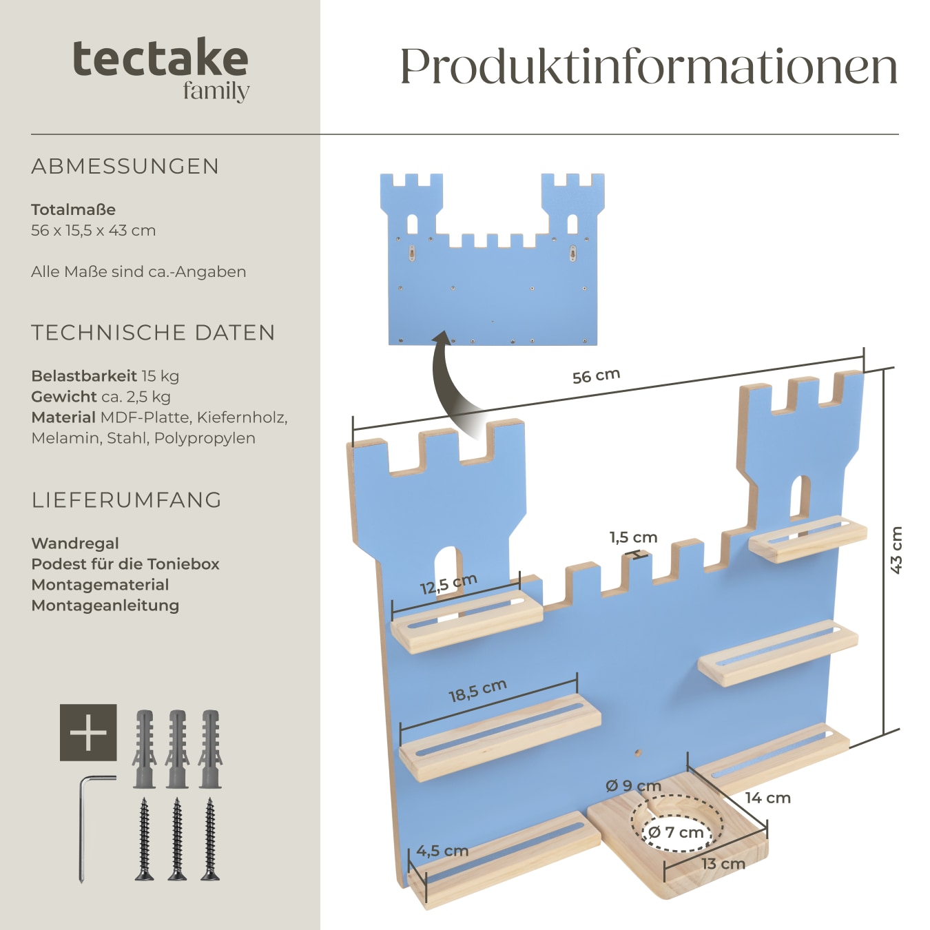 tectake® Wandregal, für bis zu 16 Tonies, abgerundete Ecken, 56 x 15,5 x 43 cm, unsichtbare Aufhängung