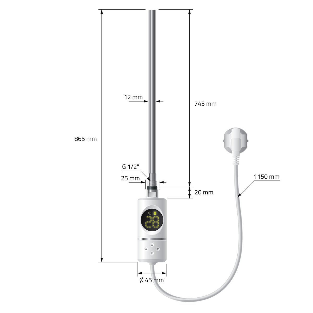 LuxeBath Elektrische Badkamerradiator Sahara 500x1500 mm Wit Gebogen Zijaansluiting & Verwarmingselement 1200W met Thermostaat & Digitaal Display, Handdoekradiator met Verwarmingspatroon Handdoekverwarmer Handdoekdroger