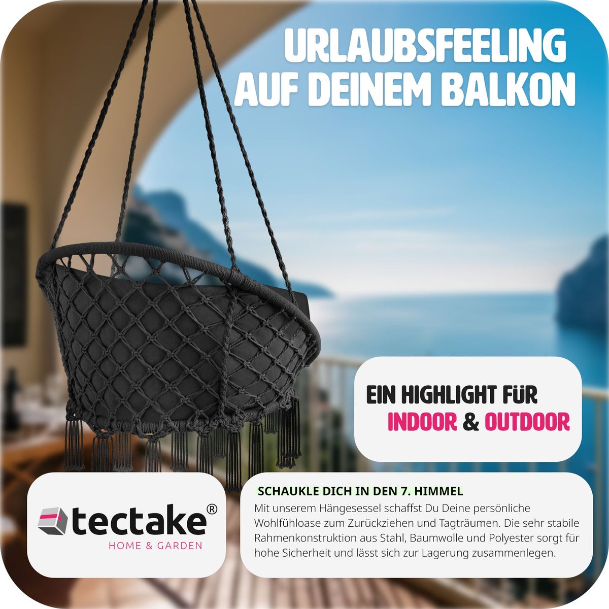 tectake Grazia hangstoel met zit- en rugkussens 80 x 72 x 125 cm