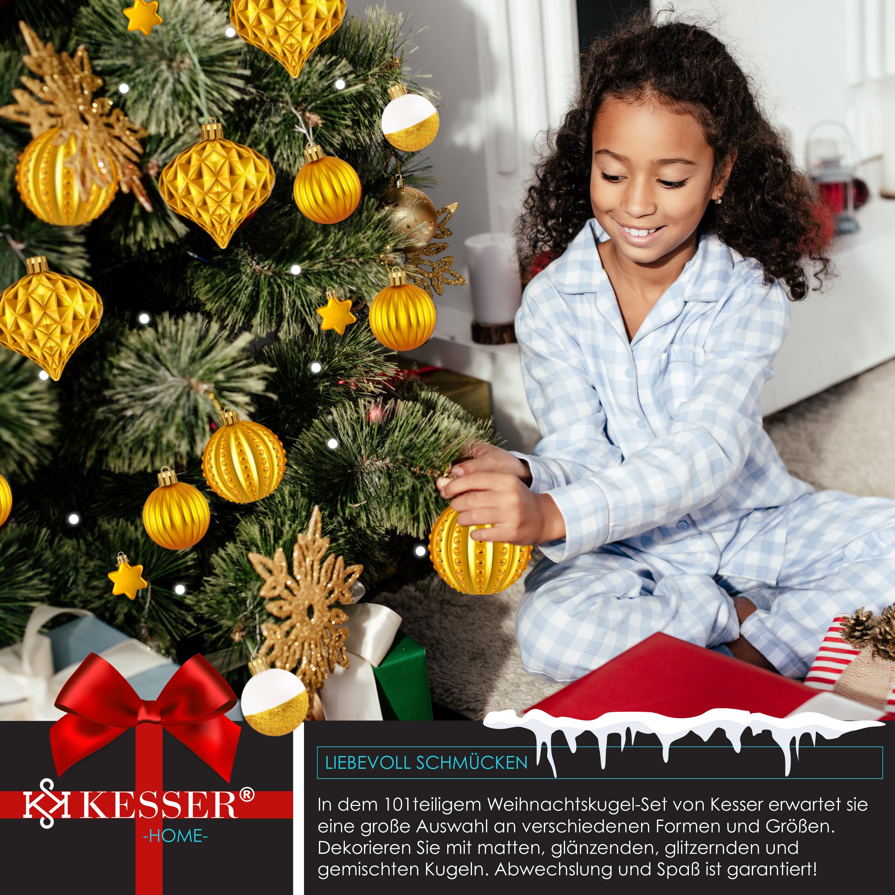 KESSER® Weihnachtskugeln 101-teiliges Set mit Baumspitze Christbaumkugeln Kunststoff Bruchsicher mit Plastik Weihnachtsbaumkugeln Box Weihnachtsbaum Weihnachtsdeko Deko & Christbaumschmuck