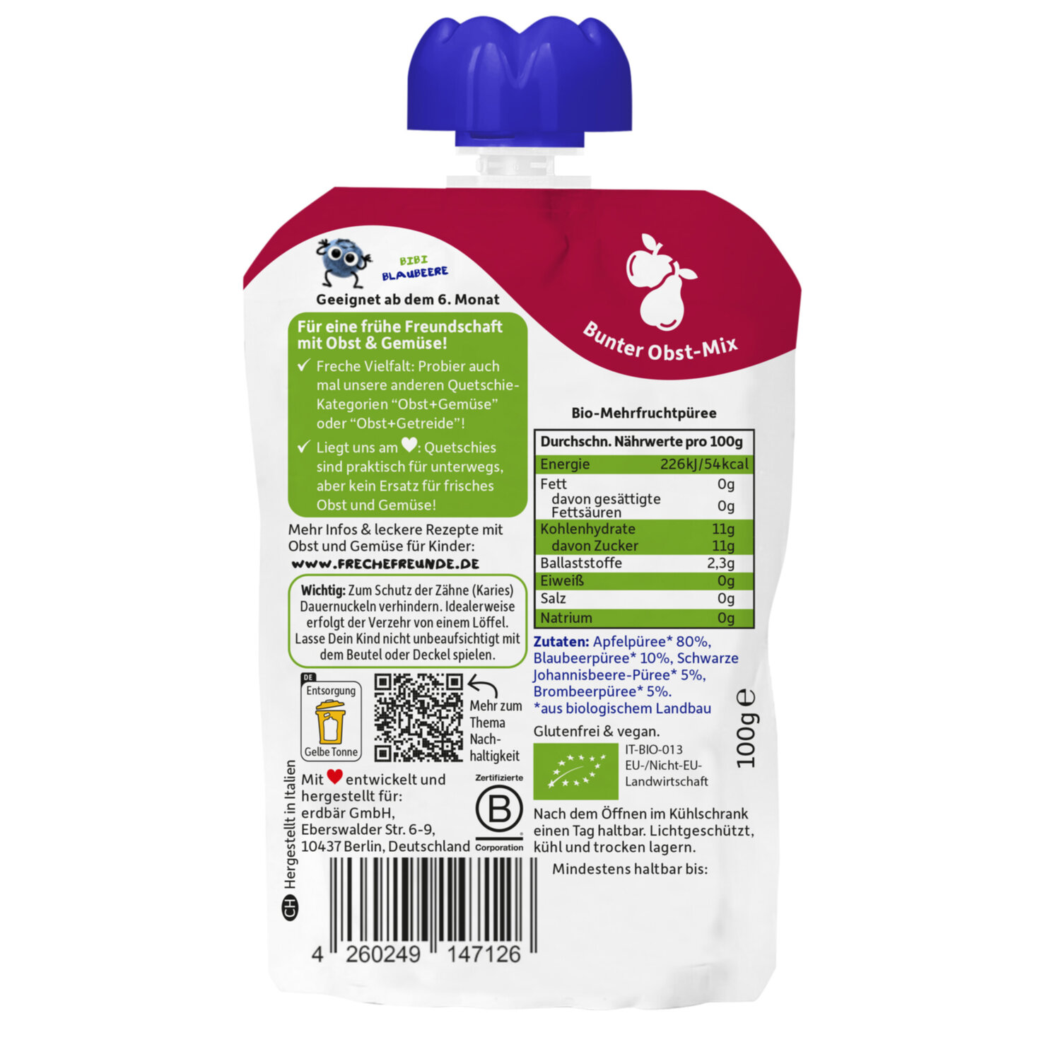 Freche Freunde Bio Quetschbeutel Apfel, Blaubeere, Johannisbeere & Brombeere 6+ Monate